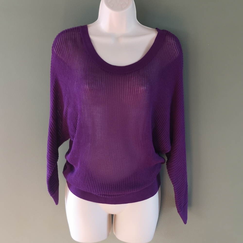 Slinky Sheer Knit Stretchy Slouchy 3/4 Sleeve Sweater Sz M Ricki's Purple.